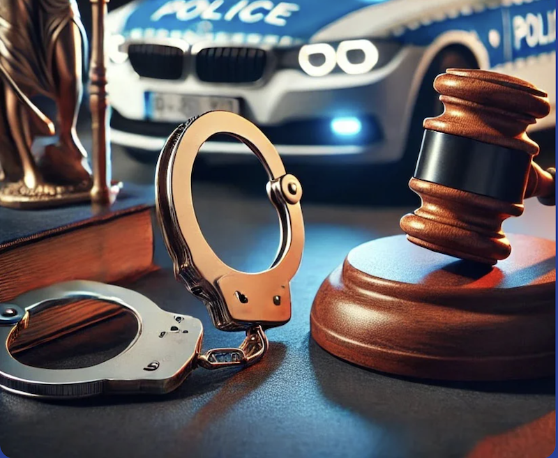 Handschellen, Richterhammer und Polizeiauto – Symbolbild für MPU nach Straftaten und rechtliche Konsequenzen.