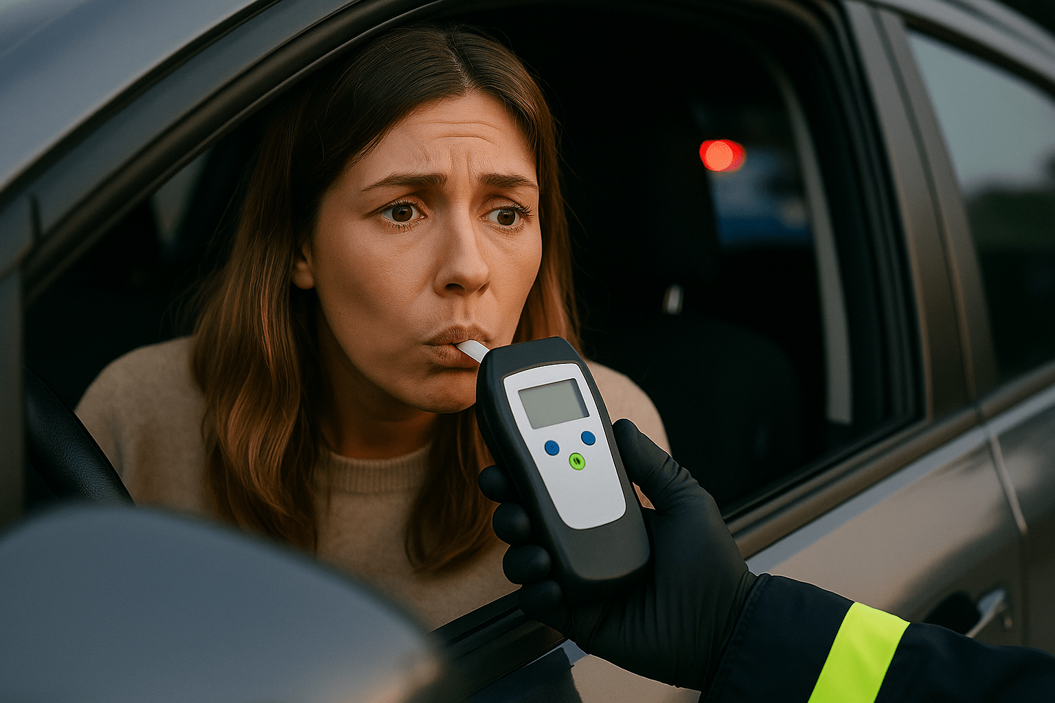 Frau bei nächtlicher Verkehrskontrolle pustet in Alkoholmessgerät der Polizei mit besorgtem Gesichtsausdruck.