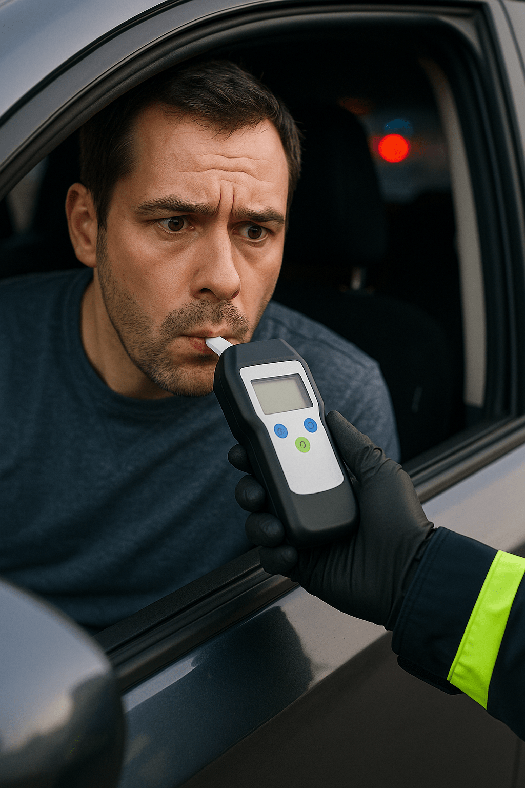 Mann im Auto bei Alkoholkontrolle mit Atemtest, sichtlich besorgt – MPU Abstinenznachweis Alkohol.