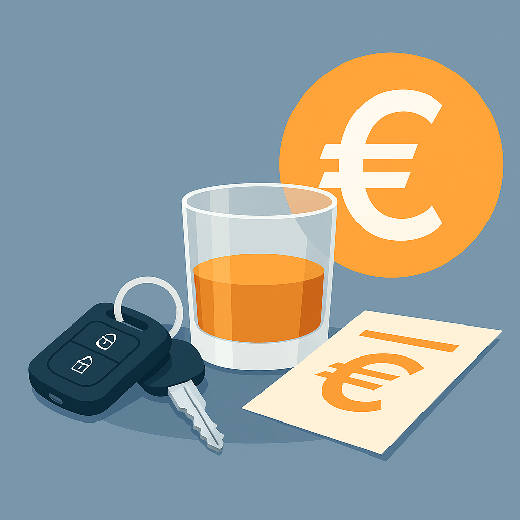 Symbolbild Bußgeldkatalog 2025: Autoschlüssel, Glas Alkohol und Euro-Symbol als Hinweis auf Strafen, Bußgelder und MPU Kosten bei Verstößen.