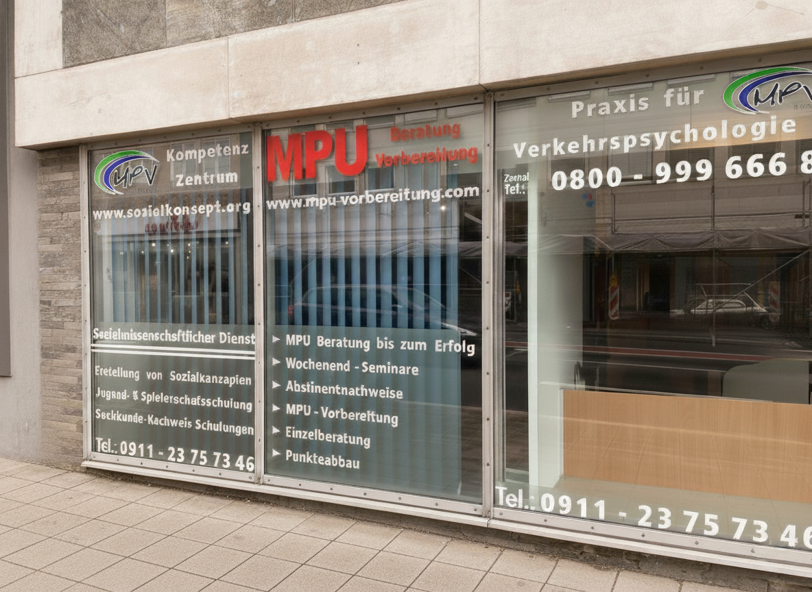 Praxisfenster der MPV Verkehrspsychologie in Nürnberg mit Telefonnummer und Angeboten