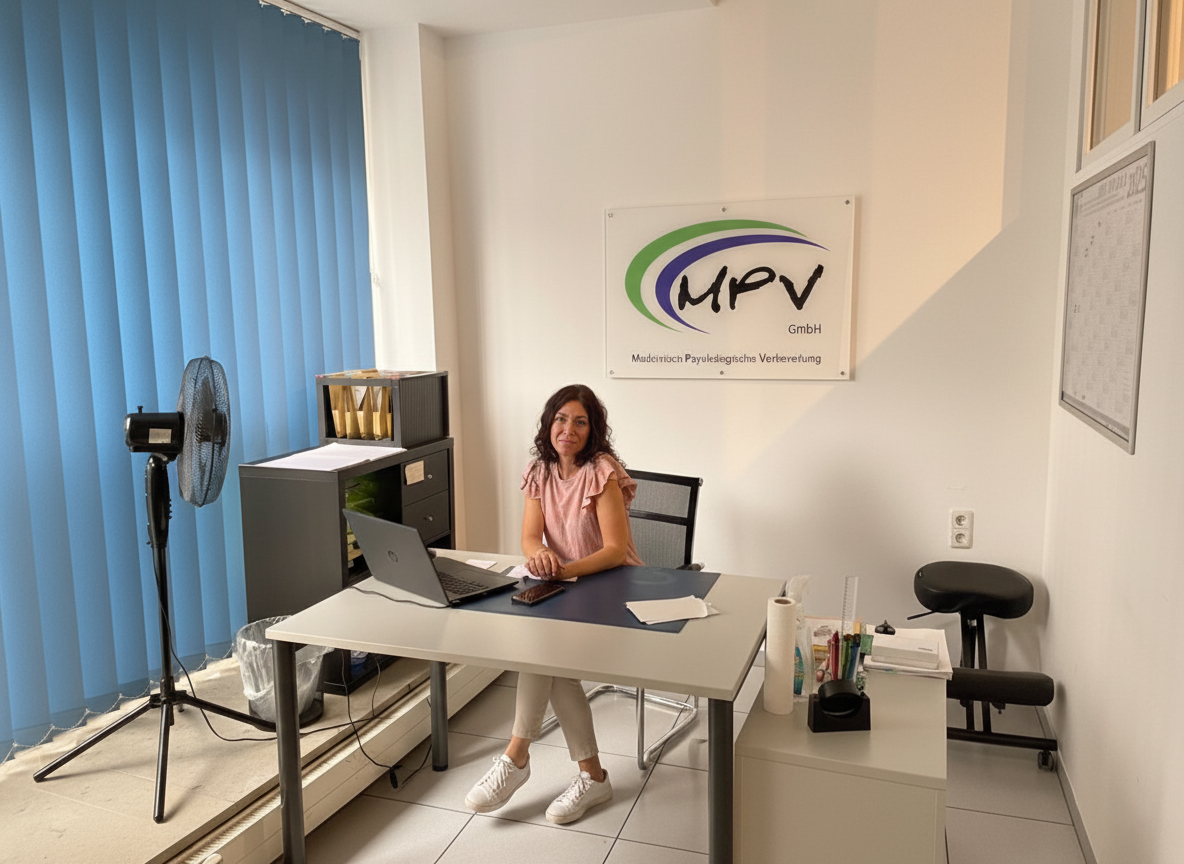 Empfangsbereich bei MPV Nürnberg mit freundlicher Mitarbeiterin am Schreibtisch