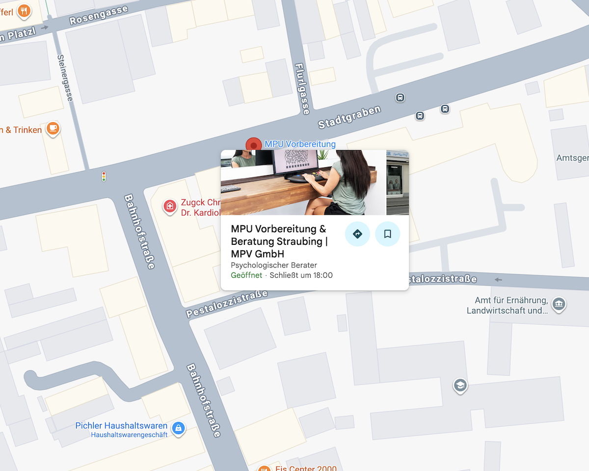 Karte mit Standort der MPU Vorbereitung & Beratung Straubing am Stadtgraben 48, nahe Bahnhofstraße und Pestalozzistraße