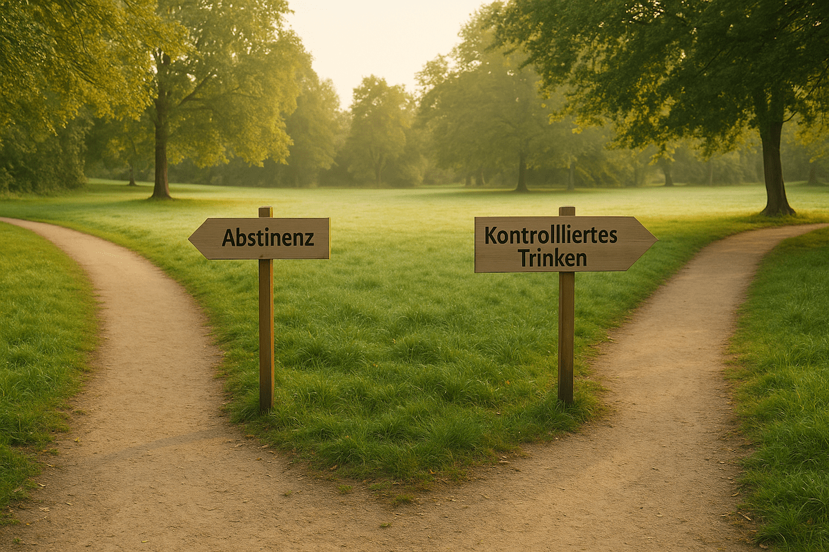 Weggabelung im Park mit zwei Richtungen – Symbol für die Entscheidung zwischen Abstinenz und kontrolliertem Trinken.