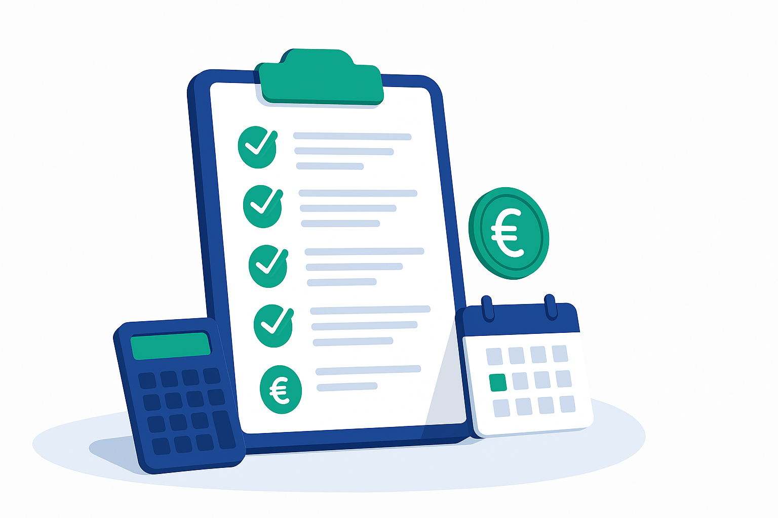 Illustration: Kostenplan zur MPU in München – Checkliste, Euro-Symbol, Kalender und Taschenrechner