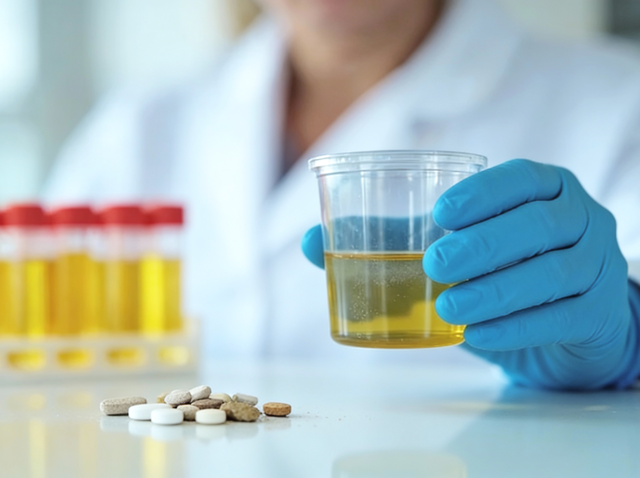 Urintest zur Drogen- oder Medikamentenkontrolle mit Probegefäß, Tabletten und Laborumgebung.