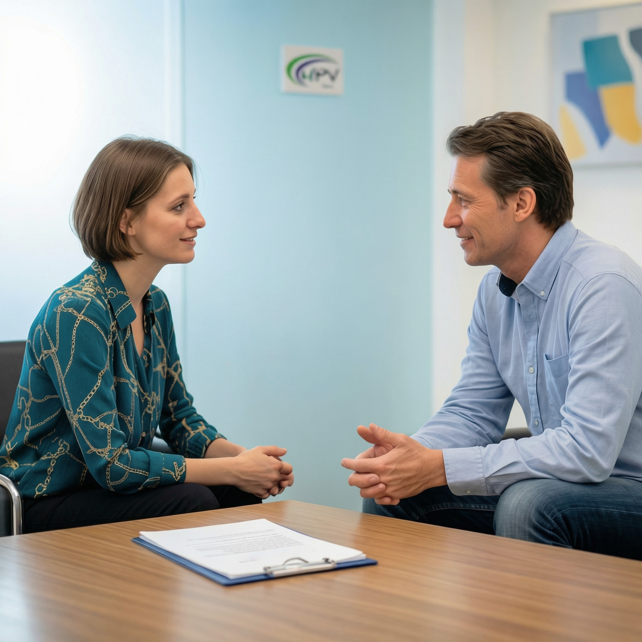 Beratungsgespräch zwischen einer Beraterin und einem Klienten bei der MPV GmbH in ruhiger Gesprächsatmosphäre.