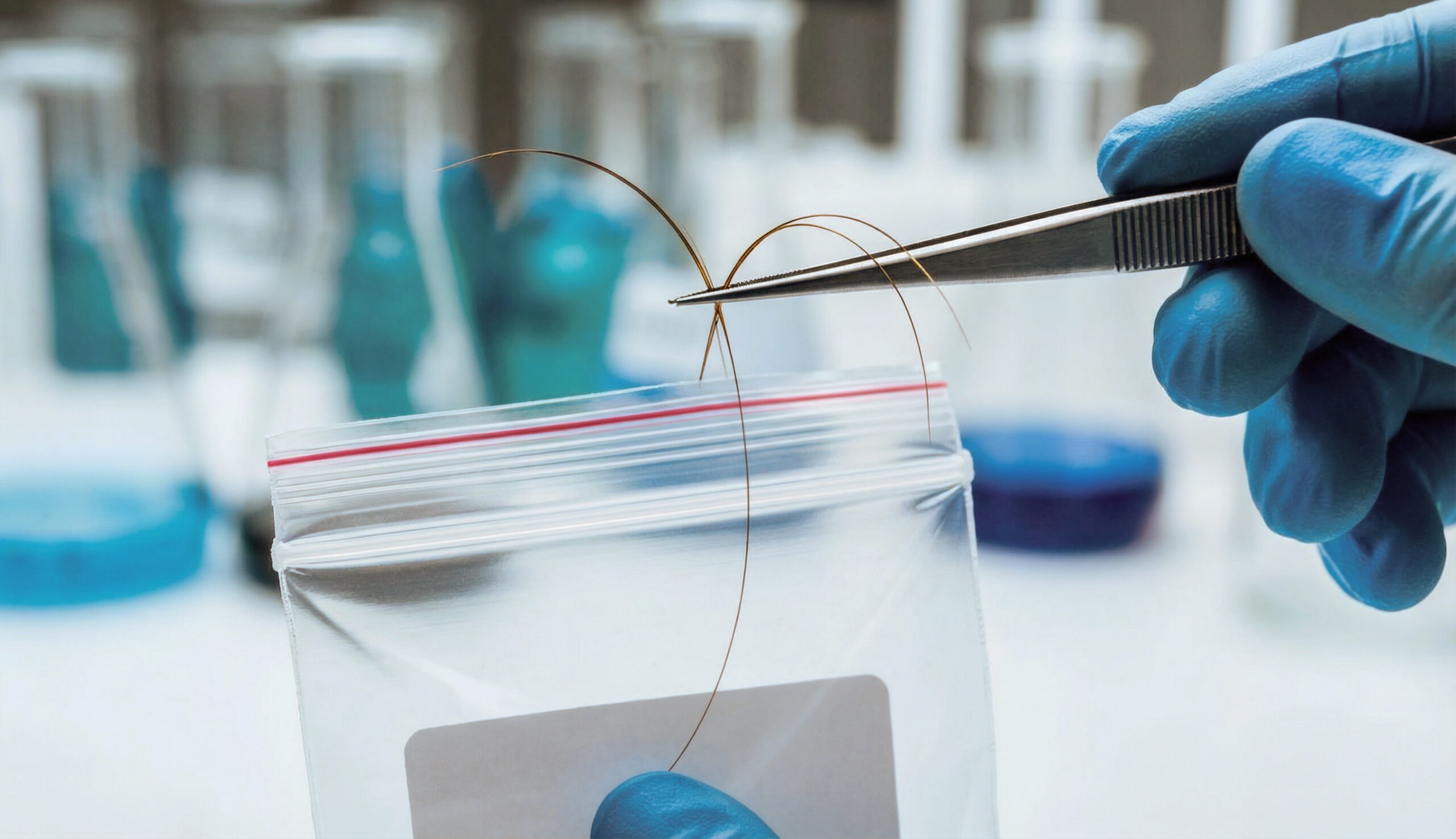 Haaranalyse zur Drogendiagnostik: behandschuhte Hand hält Haarprobe mit Pinzette über Probenbeutel.