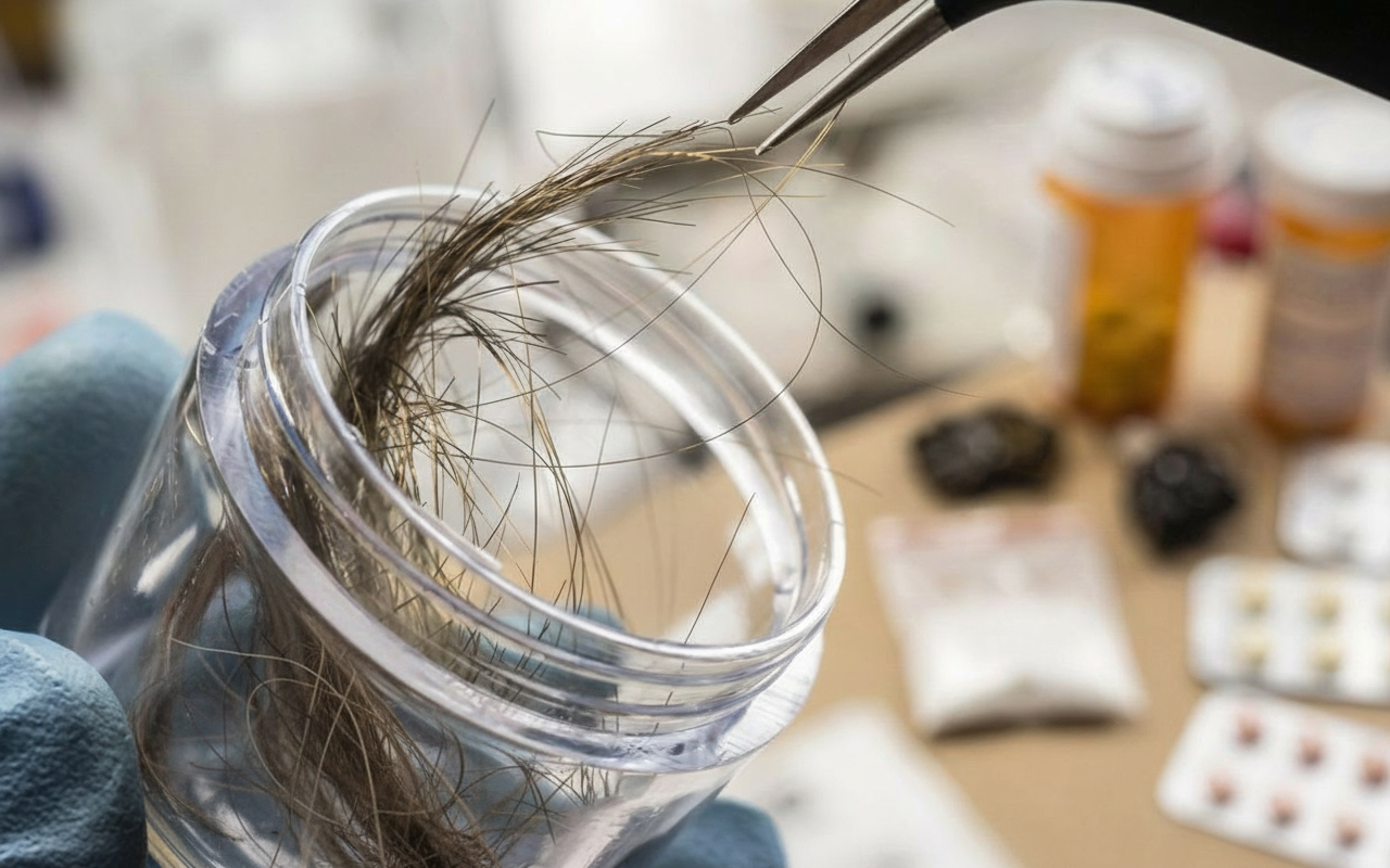 Haaranalyse im Labor: Haarprobe wird mit Pinzette in ein Probengefäß gelegt, Laborutensilien im Hintergrund.