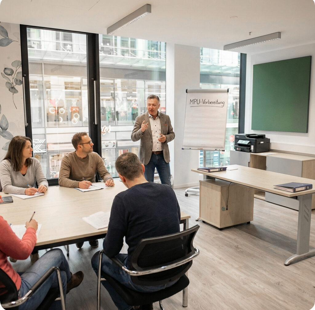Gruppenworkshop zur MPU-Vorbereitung bei der MPV GmbH mit Dozent und Teilnehmenden in modernem Seminarraum in Dresden