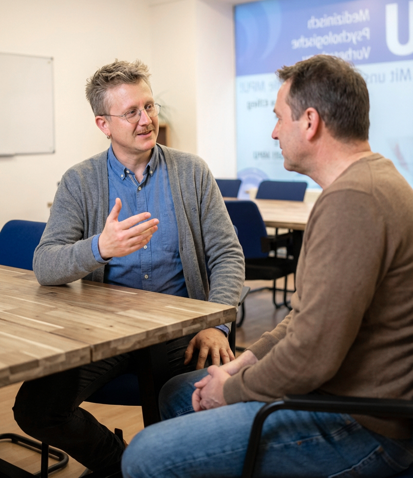 Einzelgespräch zwischen Berater und Klient bei der MPV GmbH in Berlin während einer persönlichen MPU-Beratung.