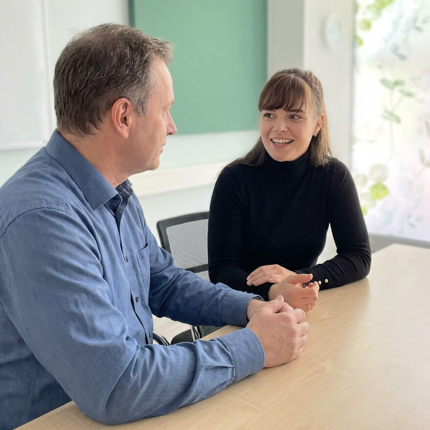Einzelgespräch zwischen Berater und Klientin bei der MPV GmbH in ruhiger Gesprächsatmosphäre in Dresden