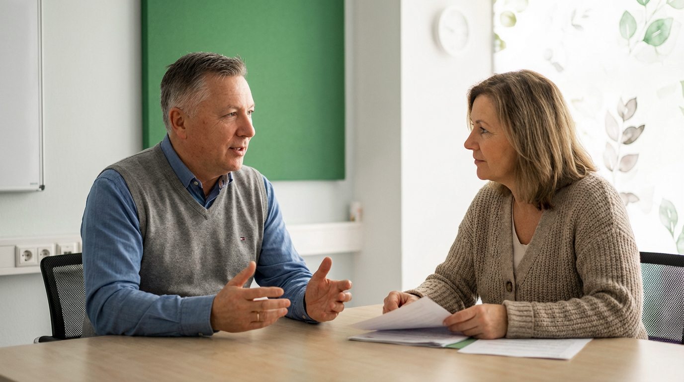 Beratungsgespräch zwischen Berater und Klientin bei der MPV GmbH zur individuellen MPU-Vorbereitung in Dresden.
