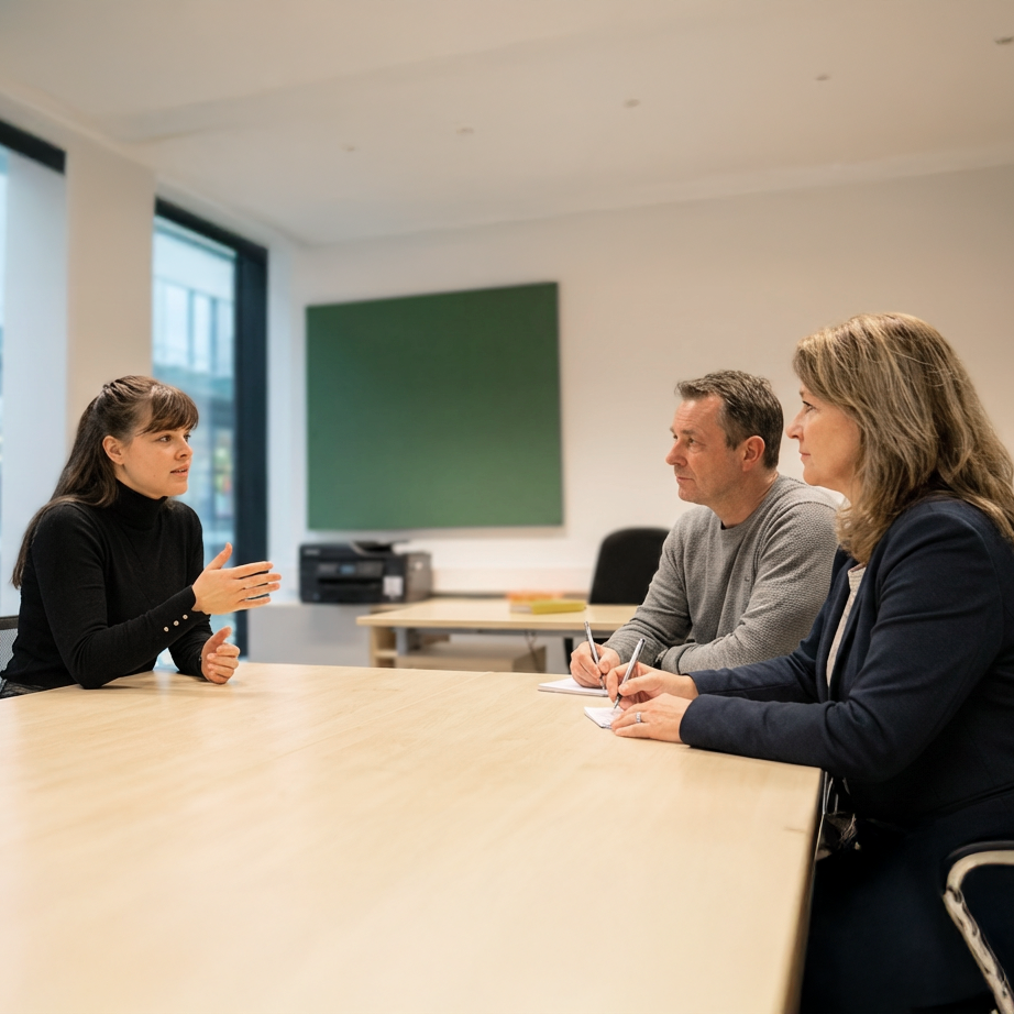 Beratungsgespräch zur MPU-Vorbereitung bei der MPV GmbH in Dresden mit Beraterin und zwei Teilnehmenden in einem Besprechungsraum.